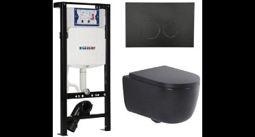 QeramiQ Dely Swirl Toiletset - 36.3x51.7cm - Inbouwreservoir met Geberit UP320 spoelmechanisme - 35mm zitting - mat zwarte bedieningsplaat - ronde knoppen - mat zwart