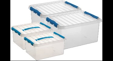 Sunware Q-Line opberg boxen set van 4x stuks - 2 maten - 15 en 36 liter - kunststof - transparant/blauw