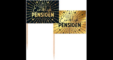50 Vlagprikkers goud / zwart ' Eindelijk Pensioen ' - Golden Celebrations - Hapjes Cocktailprikkers Tapas Prikkers Feestje