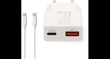 Nedis Oplader - 20 W - GaN - PD3.0 - 1.5 / 2.0 / 2.22 / 3.0 A - Outputs: 2 - USB-A / USB-C - USB-C (Los) Kabel - 1.50 m - Automatische Voltage Selectie - Wit
