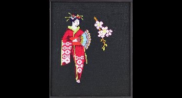 Pako Borduurpakket - tel patroon met code kaart - Geisha met amandelbloesem - 216.221 - voorgesorteerd garen - Aida zwart - 21 x 25 cm/ 13 x18 cm - DIY kit