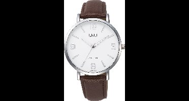 Q&Q C33A-004PY - Horloge - Analoog - Heren - Mannen - Leren band - Rond - Metaal - Cijfers - Streepjes - Bruin - Zilverkleurig - Wit - 3 ATM