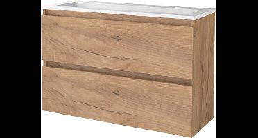 Basic Start 39 badmeubelset met greeploze wastafelonderkast met 2 lades en acryl wastafel met 2 kraangaten 100 x 39 cm, whisky oak