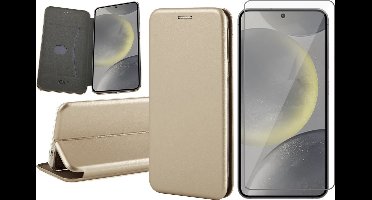 Hoesje geschikt voor Samsung Galaxy S24 - Screenprotector Glas - Wallet Book Case Goud