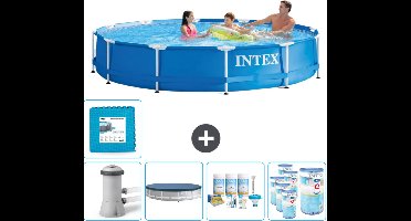 Intex Rond Frame Zwembad - 366 x 76 cm - Blauw - Inclusief Pomp Afdekzeil - Onderhoudspakket - Filters - Vloertegels