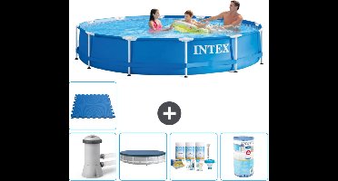 Intex Rond Frame Zwembad - 366 x 76 cm - Blauw - Inclusief Pomp Afdekzeil - Onderhoudspakket - Filter - Vloertegels