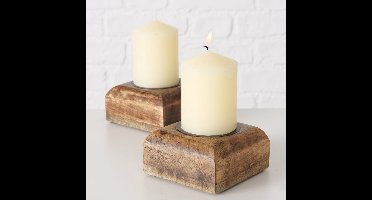 Kandelaar - 2 set - 10x10x5cm - Blok - industrieel - 1 stomp kaars - Mango - Bruin