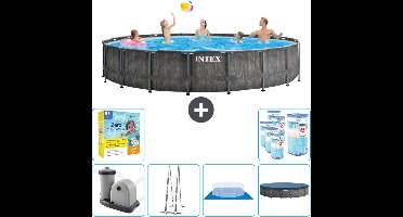 Intex Rond Prism Frame Greywood Zwembad - 549 x 122 cm - Inclusief Pomp - Ladder - Grondzeil - Afdekzeil Onderhoudspakket - Filters