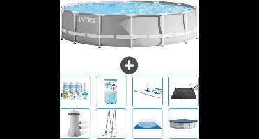 Intex Rond Prism Frame Zwembad - 427 x 107 cm - Grijs - Inclusief Pomp - Ladder - Grondzeil - Afdekzeil Onderhoudspakket - Filter - Schoonmaakset - Solar Mat