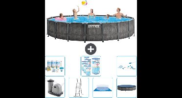 Intex Rond Prism Frame Greywood Zwembad - 549 x 122 cm - Inclusief Pomp - Ladder - Grondzeil - Afdekzeil Onderhoudspakket - Filters - Schoonmaakset