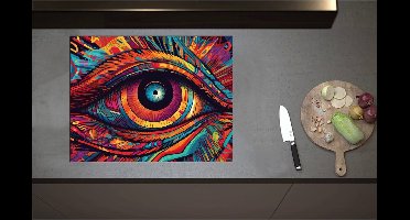Inductieplaat Beschermer - Blauw Oog op Kleurrijk Gezicht - 71x55 cm - 2 mm Dik - Inductie Beschermer - Bescherming Inductiekookplaat - Kookplaat Beschermer van Wit Vinyl