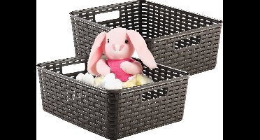 Plasticforte Opbergmand - 2x - Kastmand - rotan kunststof - choco bruin - 12 Liter - 30 x 37 x 13 cm