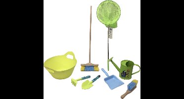Strandset gieter blademmer stoffer en blik bezem vlinderneten klein harkje met schepje - Zandset Speelgoed voor Zand & Strand