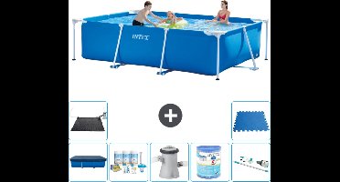 Intex Rechthoekig Frame Zwembad - 300 x 200 x 75 cm - Blauw - Inclusief Afdekzeil - Onderhoudspakket - Zwembadfilterpomp - Filter - Stofzuiger - Solar Mat - Vloertegels