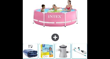 Intex Rond Frame Zwembad - 244 x 76 cm - Roze - Inclusief Solarzeil - Onderhoudspakket - Zwembadfilterpomp - Stofzuiger
