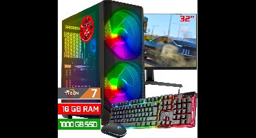 ScreenON - Game Computer / Gaming PC Set (32" Monitor + Muis & Toetsenbord) - Ryzen 7 8700G - 1000GB M.2 SSD - 16GB RAM - AMD Radeon 780M - Windows 11