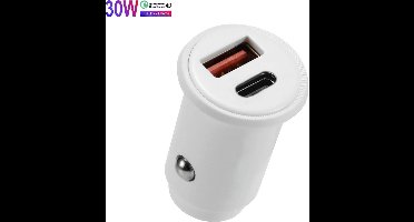 DrPhone® Invisible Pro Autolader – Qualcom 4.0 - 30W - USB-C met PD (power delivery) Snel Laden - Geschikt voor Smartphones / Tablets en Smartphones - Wit