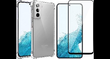 Hoesje geschikt voor Samsung Galaxy S22 - Anti Shock Proof Siliconen Back Cover Case Hoes Transparant - Full Tempered Glass Screenprotector