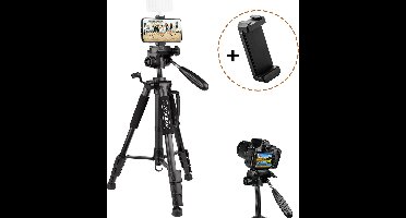 MOJOGEAR Smartphone en Camera Statief - tot 140 cm hoog - met telefoonhouder en draagtas - Tipod smartphone - Tripod camera - Zwart