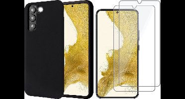 Hoesje geschikt voor Samsung Galaxy S22 Plus - Matte Back Cover Microvezel Siliconen Case Hoes Zwart - 2x Tempered Glass Screenprotector