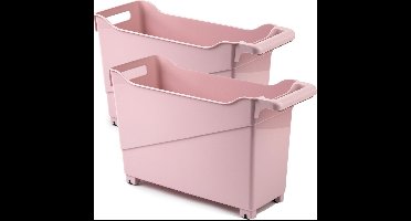 Set van 4x stuks kunststof trolleys pastel roze op wieltjes L45 x B17 x H29 cm - Voorraad/opberg boxen/bakken