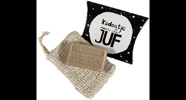Cadeautje voor de juf: Monoi 125 g. + Sisal zeepzakje - savon de marseille - zeep geschenkset - geschenk juf