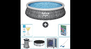 Bestway Rond Opblaasbaar Fast Set Zwembad - Rotanprint - 457 x 84 cm - Inclusief Pomp - Afdekzeil - Warmtepomp - Stofzuiger - 7-delig