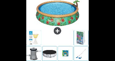 Bestway Rond Opblaasbaar Fast Set Zwembad - Paradijsprint - 457 x 84 cm - Inclusief Pomp - Afdekzeil - Speelgoed - Stofzuiger - 7-delig