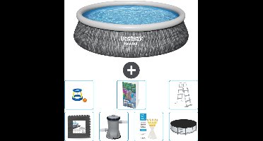 Bestway Rond Opblaasbaar Fast Set Zwembad - Rotanprint - 457 x 107 cm - Inclusief Pomp - Ladder - Afdekzeil - Speelgoed - Vloertegels - 8-delig