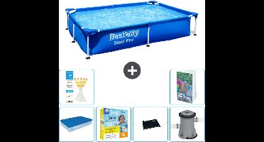 Bestway Rechthoekig Steel Pro Zwembad - 221 x 150 x 43 cm - Blauw - Inclusief Afdekzeil - Onderhoudspakket - Solar Mat - Zwembadfilterpomp - 7-delig