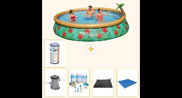 Bestway Rond Opblaasbaar Fast Set Zwembad - Paradijsprint - 457 x 84 cm - Inclusief Pomp - Onderhoudspakket - Solar Mat - Grondzeil - Filter - 6-delig