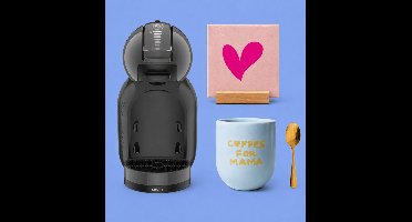 KRUPS NESCAFÉ Dolce Gusto MiniMe KP120810 koffiecupmachine zwart/antraciet - mama cadeaupakket met blauwe Coffee for mama mok, goudkleurig koffielepeltje, hartjestegel en tegelhouder