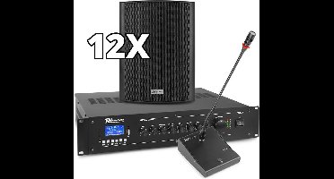 Power Dynamics complete 100V muziekinstallatie / omroepinstallatie met 12 speakers, 120W Bluetooth versterker en kabels - Compleet pakket!