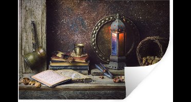 Muurstickers - Sticker Folie - Boek - Stilleven - Walnoot - Lantaarn - Vintage - 30x20 cm - Plakfolie - Muurstickers Kinderkamer - Zelfklevend Behang - Zelfklevend behangpapier - Stickerfolie
