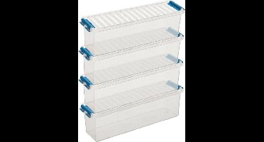 6x sunware q-line opberg box/opbergdoos - 1.3 liter - 27 x 8 x 9 cm - kunststof - opslagbox - transparant/blauw