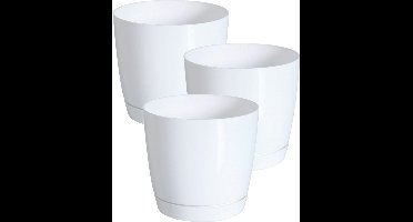 Prosperplast Plantenpot/bloempot met opvangschaal - Set van 3x stuks - kunststof - parel wit D24 x H22 cm - binnen/buiten