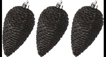 Decoris Kersthangers dennenappels - 6x st - zwart - glitter - 8 cm - kunststof - kerstversiering