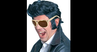 Smiffys Elvis verkleed set - pruik zwart - en gouden Elvis bril - voor heren - Rock and Roll thema - uit de jaren 50 en 60
