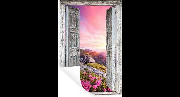 Muurstickers - Sticker Folie - Bergen - Landschap - Doorkijk - Bloemen - 20x30 cm - Plakfolie - Muurstickers Kinderkamer - Zelfklevend Behang - Zelfklevend behangpapier - Stickerfolie