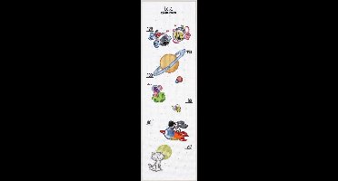 Pako Borduurpakket - telpatroon met codekaart - Groeimeter Woezel & Pip kids in de ruimte - 271.053 - voorgesorteerd garen - Aida - 25 x77 cm -DIY kit
