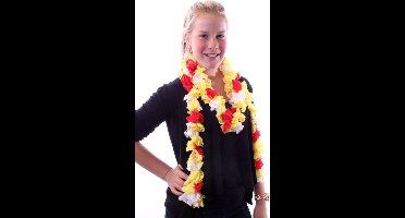 Sjaal met grote schelpjes rood/wit/geel 175 x 6 cm.