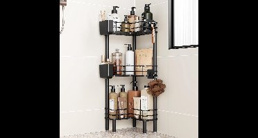 Doucheplank - 3 stuks - Metaal - vrijstaand - zonder boren - Hoekshelf - Roestbestendig - Scheurbestendig - Verstelbaar - Geschilderd - Productafmetingen 22D x 22B x 79H centimeter - Zwart