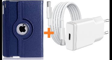 Hoes geschikt voor iPad 2025 hoes Donker Blauw -iPad A16 hoes 11th Generation 11 Inch 2025 draaibare bookcase 360° Case met USB C Adapter - USB C oplader- Slim Snellader 20W Met USB C Kabel 1m - Ntech COMBI-SET