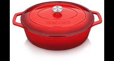 Vancasso Gietijzeren pan, brood, ovaal met deksel, 8 liter, Ø 37 cm, anti-aanbak, emaille pan, inductie, stoofpan, grote gietijzeren braadpan voor gasfornuis, keramische kookplaat, inductie/oven, rood