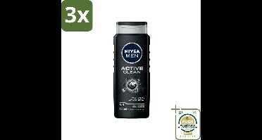 3 x NIVEA MEN - Douchegel - Active Clean - 500 ml - Grootverpakking - Douchegel - Actief Houtskool - Reiniging - Mannelijke Geur - Huid Reinigen