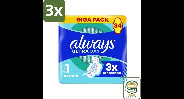 3 x Always - Maandverband - Dag - Normal - 34 Maandverband - Grootverpakking - Maandverband Dag - Maandverband Normal - Maandverband Voor Dagelijkse Gebruik - Maandverband Met Instantdry - Maandverband Met Leakguard