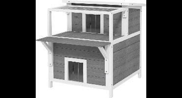 Kattenhuis - Voor buiten - Hok - Kooi - Bench - Ren - 2 verdiepingen - Duurzaam - 64L x 87B x 76H cm - Lichtgrijs + Wit