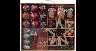 Kerstballen Set - 90 Stuks - Rood Groen Goud - Plastic Onbreekbare Kerstballen - Stervormige Ornamenten - Kerstboom Decoratie - Luxe Kraftpapier Verpakking