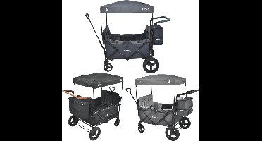 FableKids Volgwagen Leo X4Plus met dak | Opvouwbare transportwagen | Belastbaar tot 20 kg per zitplaats | 4X 5-puntsgordel | 360° Offroad wielen | Oxford 600D| Ventilatiematten | Blauwbessenblauw