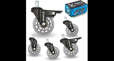 Bureaustoelwielen van rubber met rem - set van 5 stuks, 360 graden draaibaar, geschikt voor parket en tapijten